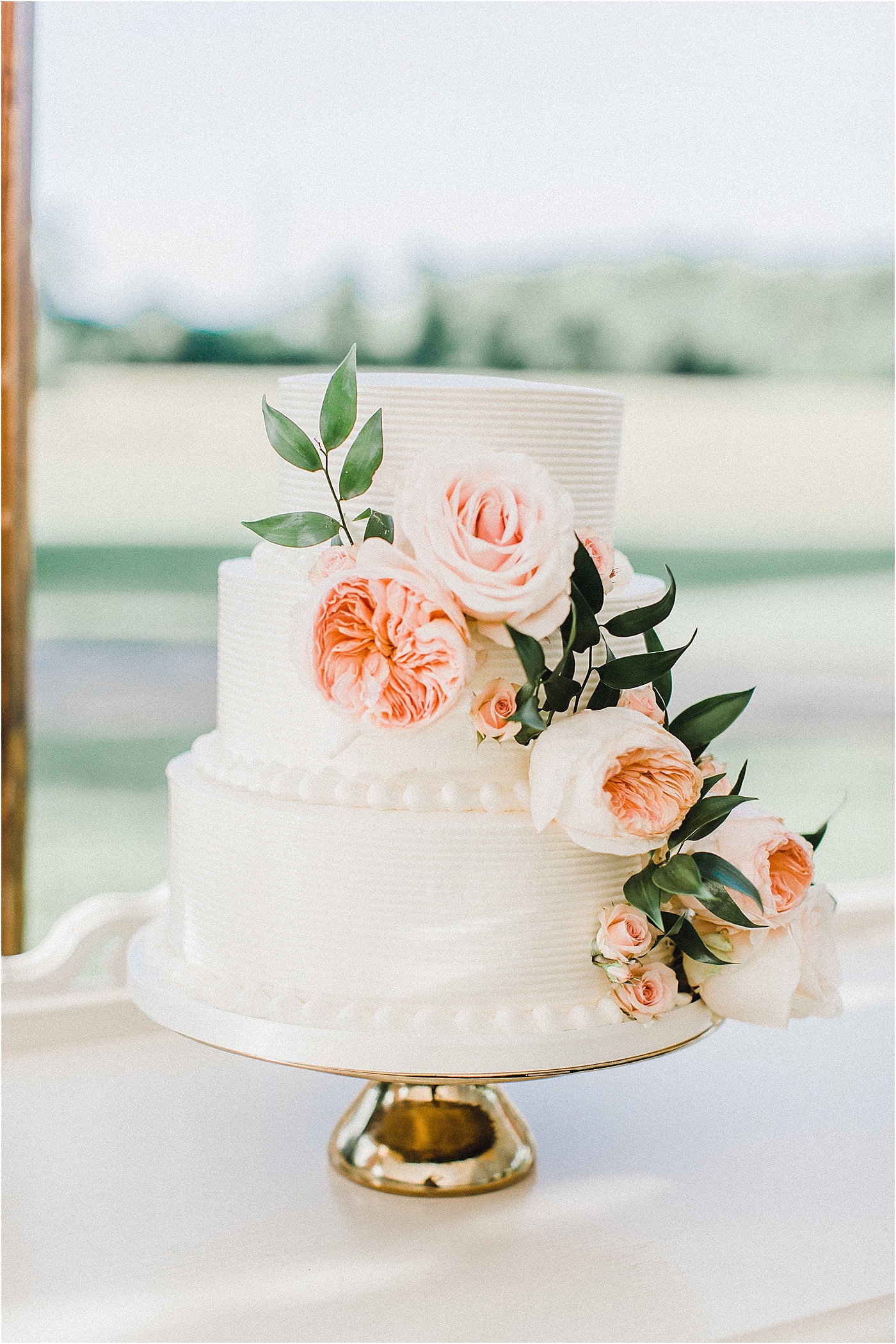 Wedding Cake with Garden Roses + Gold Cake Stand 