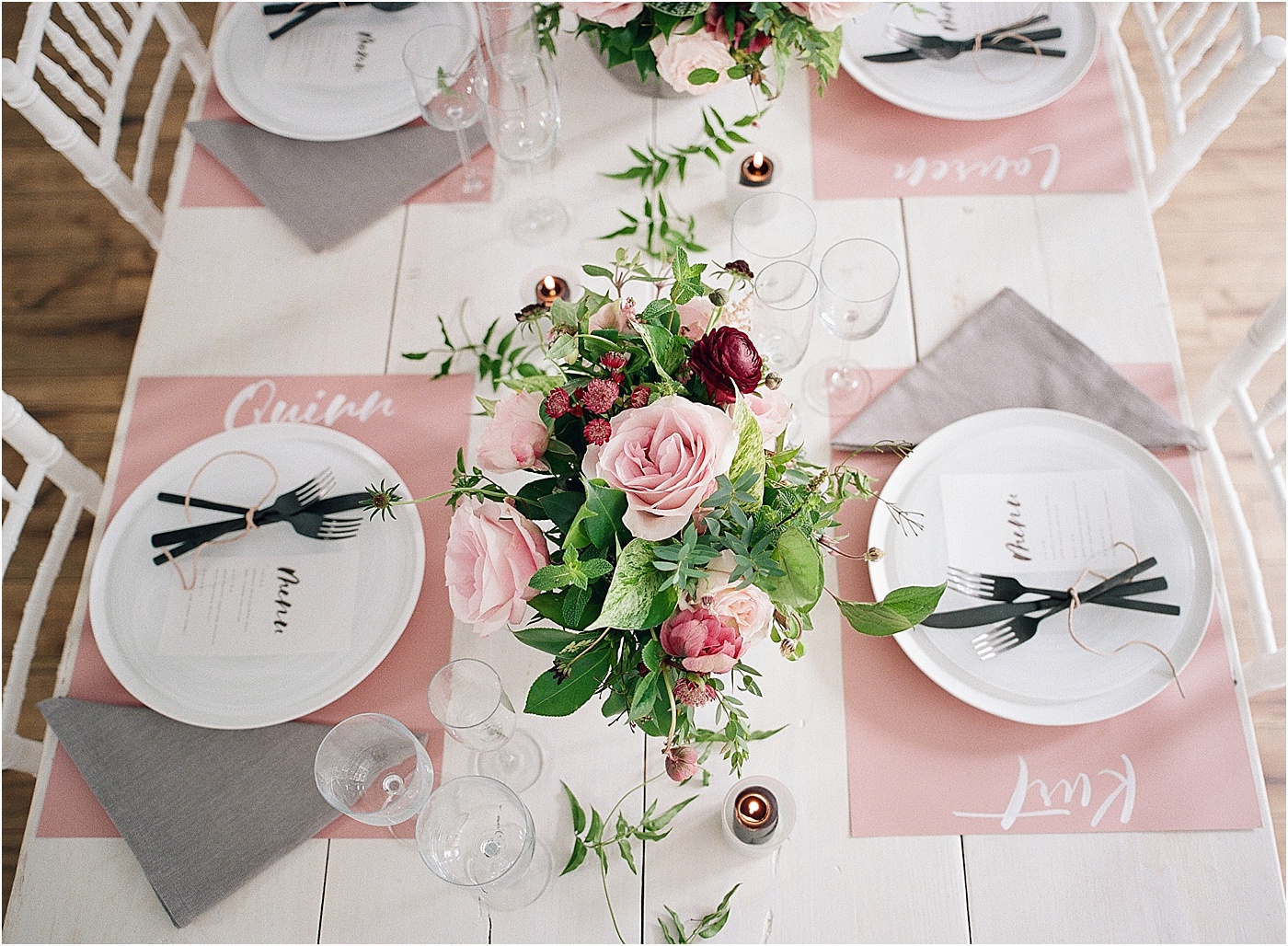 dusty rose black table setting wedding