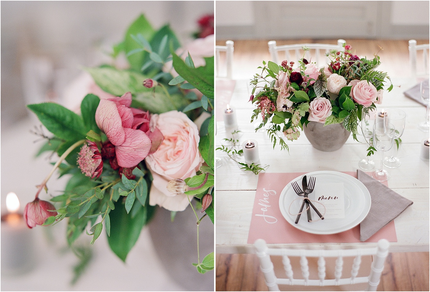 dusty rose and black table setting wedding