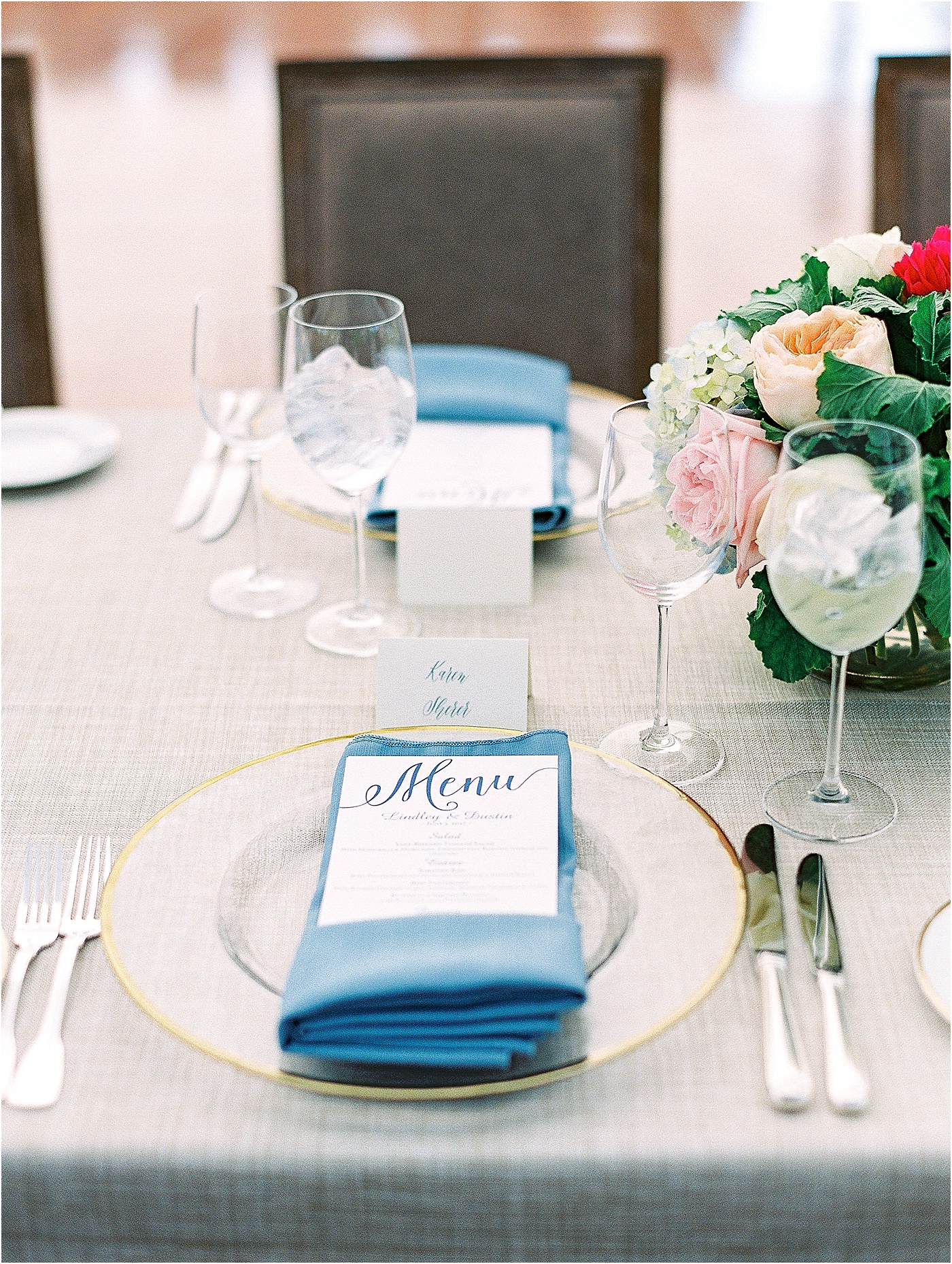 maritime blue gold accent table setting wedding