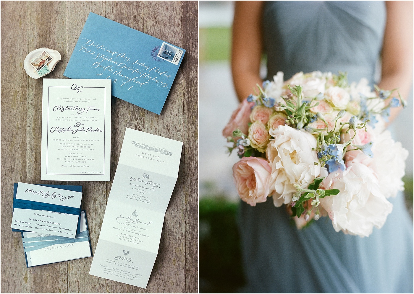 blush rose dusty blue wedding bouquet 